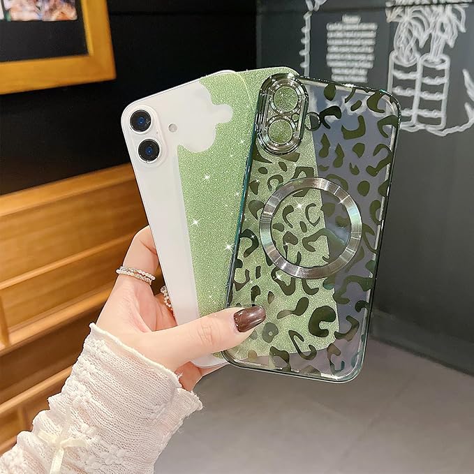 for iPhone 16 Case Magnetic,Soft Cute Luxury Leopard Cheetah Pattern Plating Glitter Bling Phone Case Compatible with MagSafe Clear Shockproof Back Cover for Women Girl 6.1"-Green