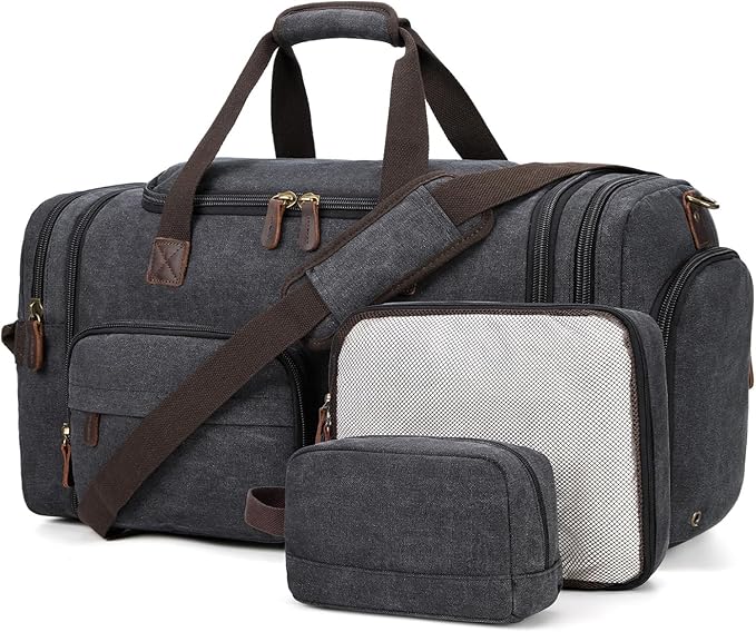 Mens Duffle Bag for Travel 60L Expandable Canvas Weekender Overnight Travel Duffel Bag with Shoe Compartment Carry-On for Airplanes Dark Gray