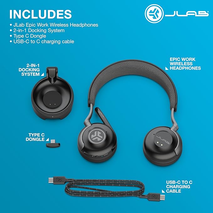 JLab Epic Work Wireless Headset with Microphone, Smart Active Noise Cancellation, Charging Hub, 90+ Playtime, Quick Mute, Bluetooth Headphones, Multipoint Connect, PC, Laptop, Mobile, (1 Pack)
