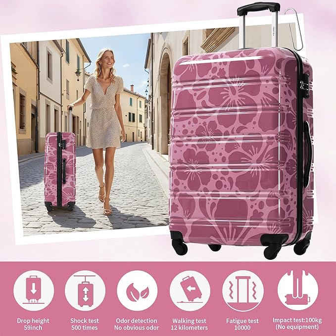 Merax Luggage Sets 3 Piece, Hardside Suitcase Set with Spinner Wheels, Lightweight Printing Luggage Carry on,20+24+28 IN,Purple Pink