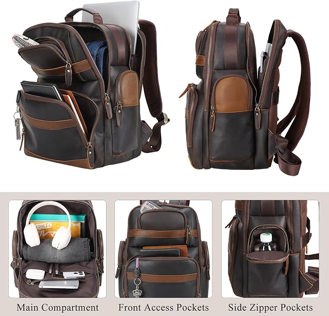 TIDING Men's Vintage Leather Backpack 15.6" Laptop Bag Large Capacity Business Travel Hiking Shoulder Daypacks