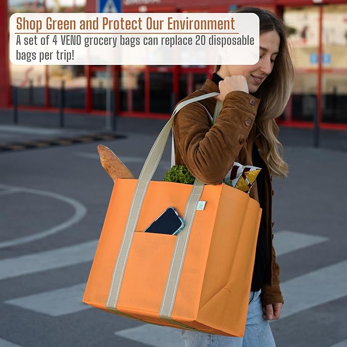 VENO 4 Pack Reusable Grocery Shopping Bags, Heavy-Duty Fall Tote Autumn Market Bags with Handles, for Shopping Cart with Hard Bottom, Foldable (Autumn Orange, 4 Pack)