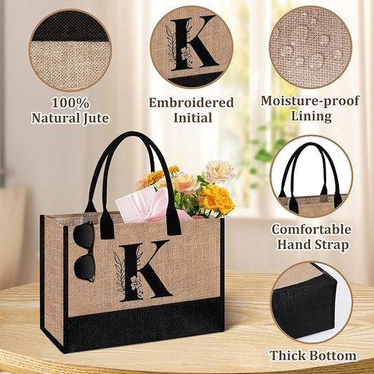 AYGE Personalized Initial Jute Tote Bag & Makeup Bag, Beach Bag, Monogrammed Birthday Gifts for Women Sister Mom Bridesmaid