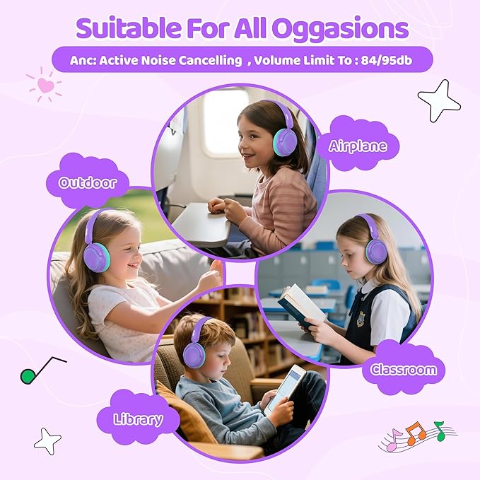 MIDOLA Active Noise Cancelling Kids Headphones Bluetooth 5.4 Wireless Volume Limited 85/94dB,Type C Fast Charging,Over Ear Foldable with Mic Aux Cord for Toddler Child Pad Tablet Purple