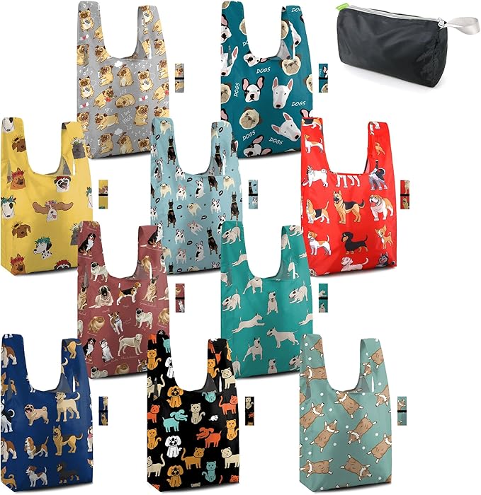BeeGreen Reusable Grocery Bags Bulk Gifts 10-Pack - Large Tote with Zipper Pouch | Foldable & Washable Polyester Shopping Bags Heavy Duty Animal Lover Gifts Reusable Bag With Handles