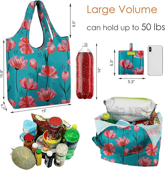 BeeGreen Reusable Grocery Bags 6 Pack, Heavy Duty Totes for Women, Foldable Grocery Bag Large Shopping Totes with Handles for Work, Travel, Gift, Store, Polyester Washable Reusable Tote Bag