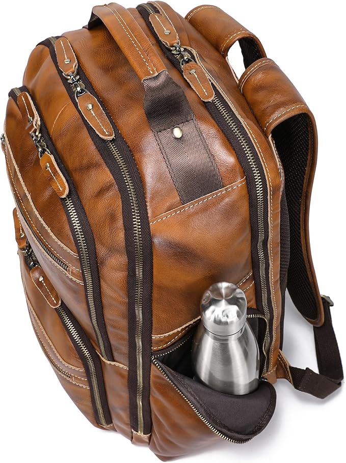 Vintage Full Grain Leather Backpack For Men, 17.3'' Laptop Bag Causal Rucksack Shoulder Bag Overnight For Business/Travel/Camping