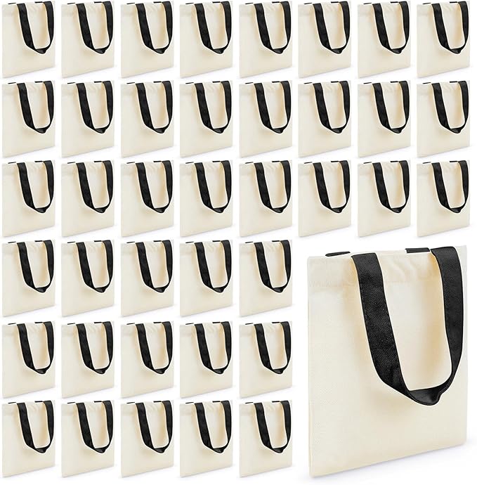 Amylove 48 Pcs Mini Tote Bag Sublimation Blank Canvas Tote Bags Reusable Grocery Luggage DIY Sack Goody for Party Even (8.5 x 8 Inch,Beige with Black Handle)