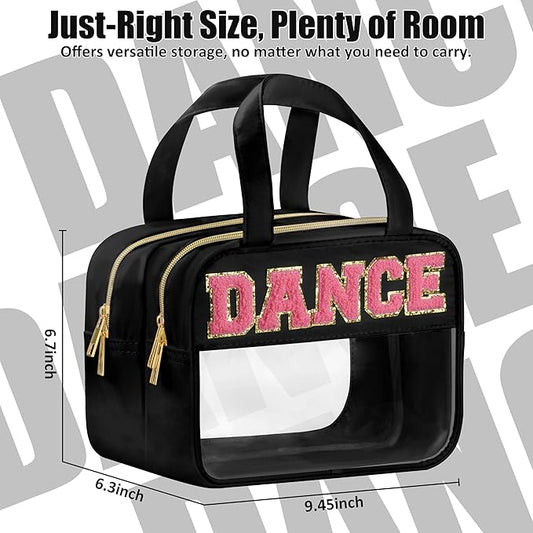 Dance Chenille Letter Bags Clear Makeup Bag for Travel, Dance Gift Cosmetic Pouch with Handles and Zipper, Nylon & PVC Waterproof Large Dance Accessories Toiletry Purse Storage Bag for Women