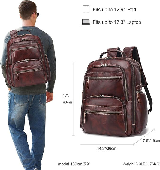Vintage Full Grain Leather Backpack For Men, 17.3'' Laptop Bag Causal Rucksack Shoulder Bag Overnight For Business/Hiking/Travel