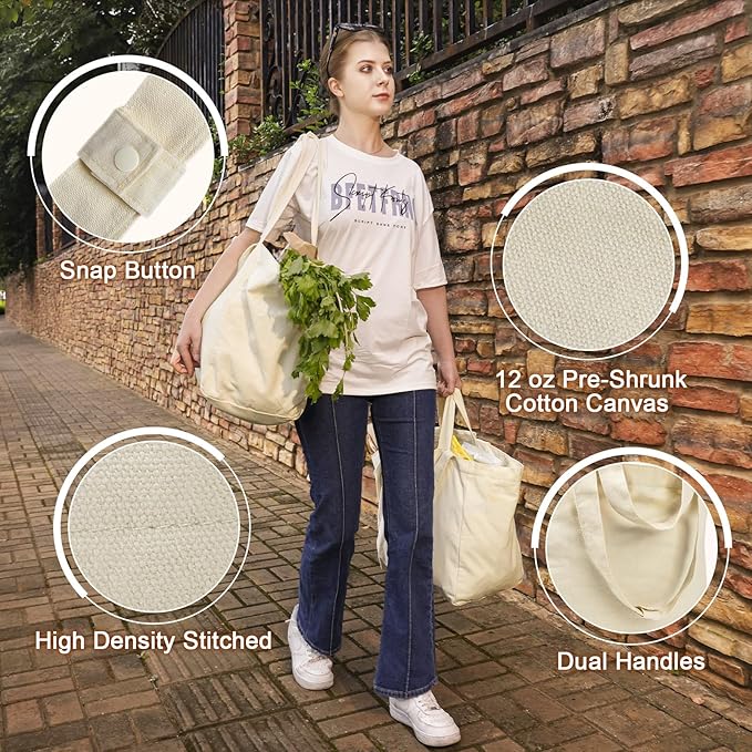 VitaSerena Heavy Duty Reusable Grocery Bags 3pcs XL Set, Washable Canvas Grocery Bags with Dual Handles, Inner Pockets, Shrink Resistant, Foldable