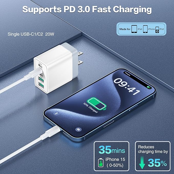USB C Fast Charger Block,50W 5-Port Wall Charger Brick,2 USB A & 3 USB C PD3.0 Power Adapter Multiport Type C Charging Plug for iPhone 16/15/14/13,iPad mini/Pro,Galaxy