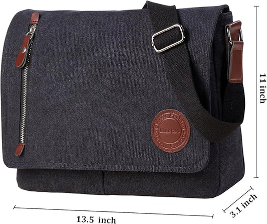 Vintage Canvas Satchel Messenger Bag for Men Women,Travel Shoulder bag 13.5" Laptop Bags Bookbag (Black)