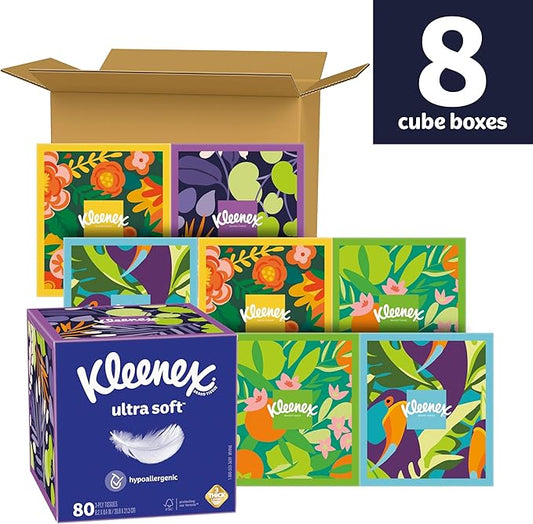 Kleenex Ultra Soft Facial Tissues, 8 Cube Boxes, 80 Tissues per Box, 3-Ply, Packaging May Vary (Pack of 2)