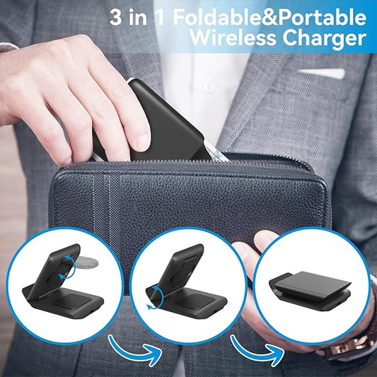Geyo Wireless Charger Stand, 3 in 1 Foldable Fast Charging Station for Apple Multiple Devices, Compatible with iPhone 17/16/15/14/13/Pro Max/Pro/Plus/Air, for AirPods Pro 3/2/3, Watch Ultra/9/8/7