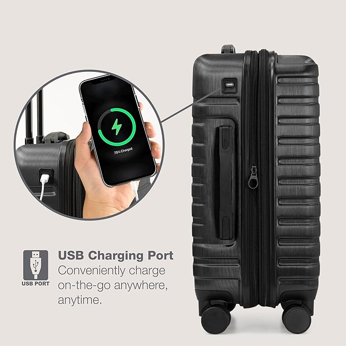 U.S. Traveler Boren Polycarbonate Hardside Rugged Travel Suitcase Luggage with 8 Spinner Wheels, Aluminum Handle, Black, 2-Piece Set, USB Port in Carry-On