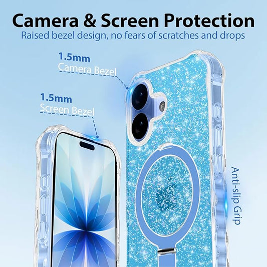 Magnetic for iPhone 17 Case with Invisible Stand, Compatible with MagSafe, Clear Bling Sparkle Shockproof Slim Anti-Slip Military Drop Protection Hard Phone Case 6.3" Glitter Blue