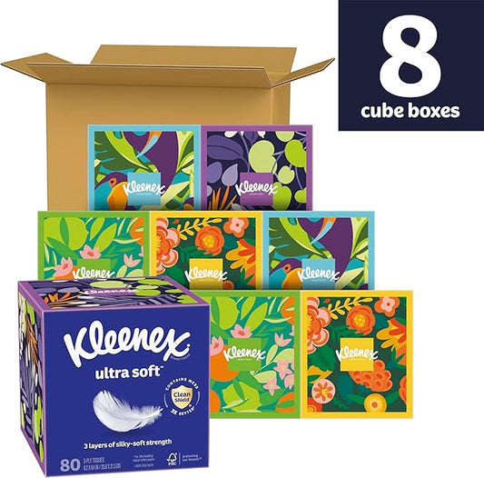 Kleenex Ultra Soft Facial Tissues, 8 Cube Boxes, 80 Tissues per Box, 3-Ply, Packaging May Vary