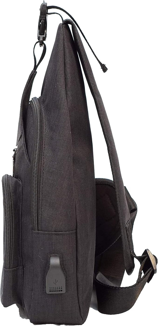 Anti-Theft Daypack Crossbody Sling Backpack, USB Charging Connector Port, Lightweight Day Pack for Travel, Hiking, Everyday, Large, Black