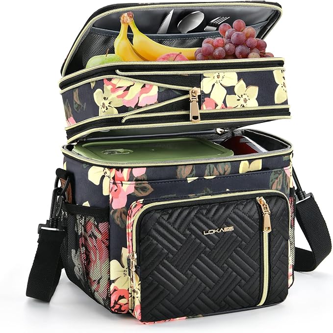 LOKASS Lunch Box for Women, 16L, Double Deck Expandable Insulated Lunch box For Adults/Women Thermal Large Waterproof Leakproof Cooler Bag with Shoulder Strap - Peony