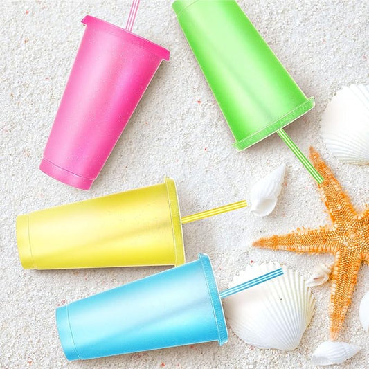 Honeydak 100 Pack Tumbler with Straw and Lid Bulk Glitter Plastic Cups Water Bottle Iced Coffee Travel Mug Reusable Party Favor Cups for Birthdays travel 24-27 oz (Shiny Color)