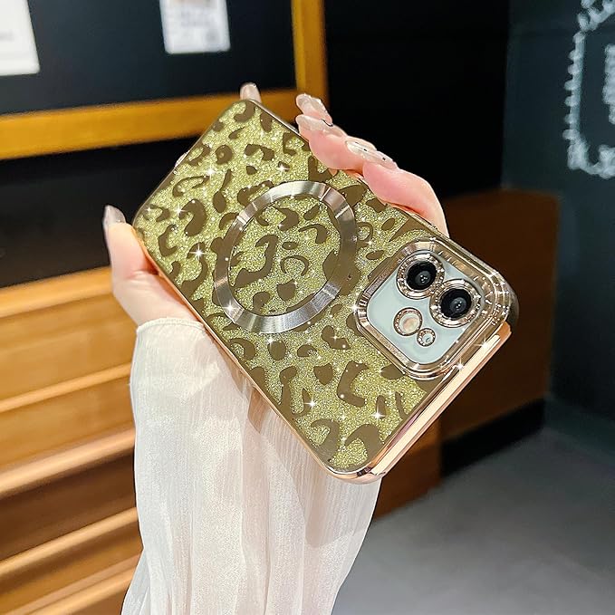 for iPhone 12 Case Magnetic,Soft Cute Luxury Leopard Cheetah Pattern Plating Glitter Bling Phone Case Compatible with MagSafe Clear Shockproof Back Cover for Women Girl 6.1"-Gold