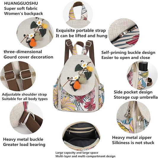 HUANGGUOSHU Women Cotton Woven Bohemian Hemp Boho Canvas Embroidery Multi Pocket Retro Cute Backpack Wallet Backpack(Avocado)