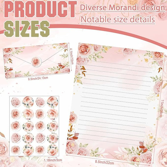 TaoBary 160 Pcs Stationery Paper Set 50 Double Sided Stationery Papers with 50 Matching Envelopes and 60 Round Dot Sticker, 10 Design(Floral,8.5 x 11 Inch)