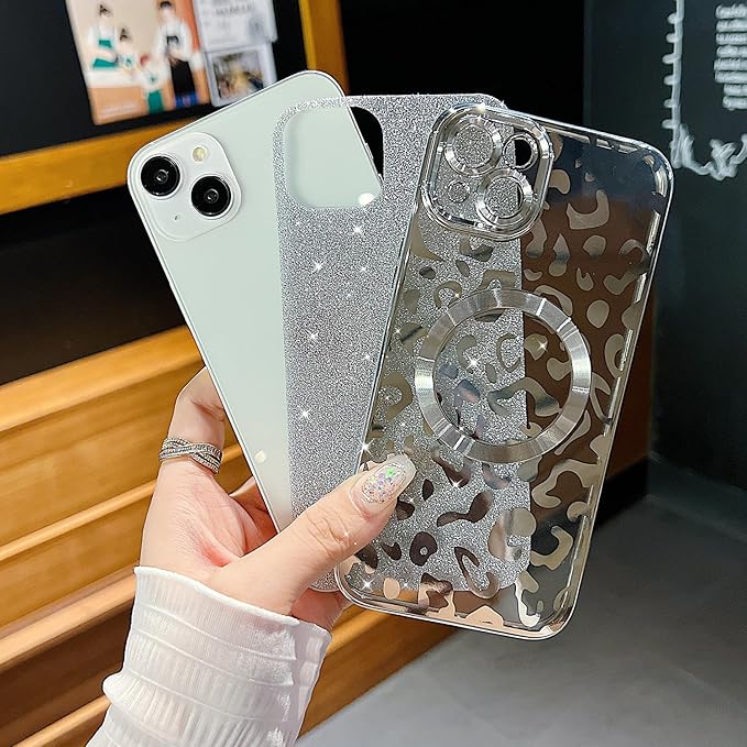 for iPhone 15 Plus Case Magnetic,Soft Cute Luxury Leopard Cheetah Pattern Plating Glitter Bling Phone Case Compatible with MagSafe Clear Shockproof Back Cover for Women Girl 6.7"-Silver