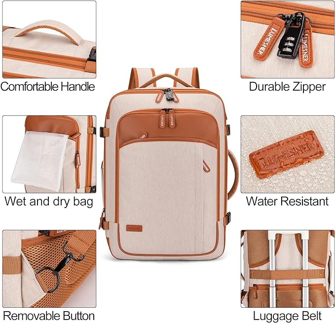 Carry on Travel Backpacks, Extra Large 40L Flight Approved Bag for Men & Women,Expandable Suitcase Backpack With 4 Packing Cubes,Water Resistant Luggage Daypack Business Weekender Bag,Beige