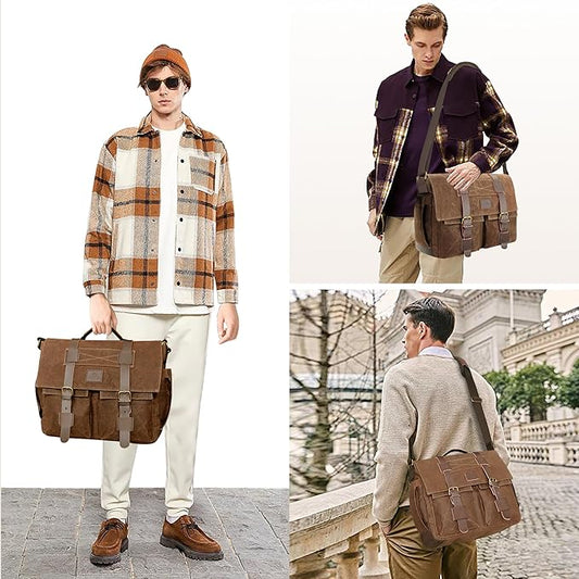 Messenger Bag for Men, 14-15.6 Inch Laptop Bag, Water-resistant Waxed Canvas Messenger Bag, Vintage Computer Satchel Briefcase for School Work Travel (Vintage Brown)