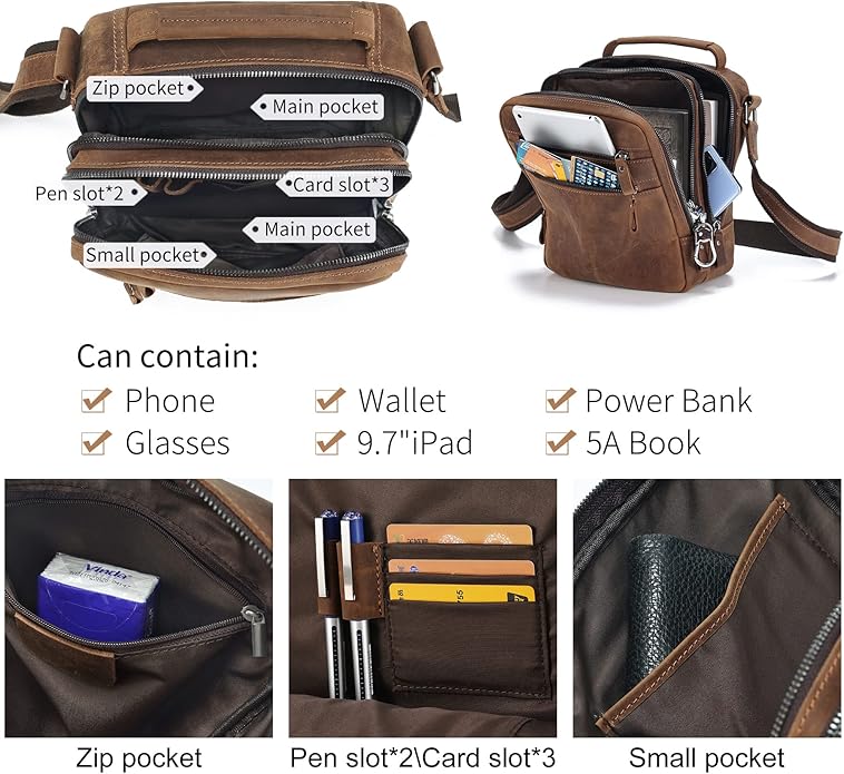 Genuine Leather Small Messenger Bag for Men Vintage Shoulder Crossbody Bags for Work Business Travel