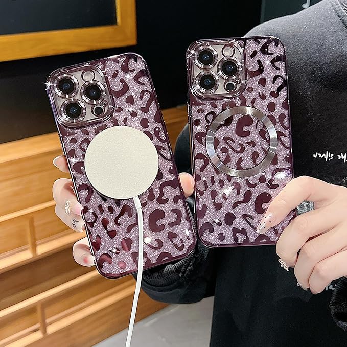 for iPhone 16 Pro Max Case Magnetic,Soft Cute Luxury Leopard Cheetah Pattern Plating Glitter Bling Phone Case Compatible with MagSafe Clear Shockproof Back Cover for Women Girl 6.9"-Purple