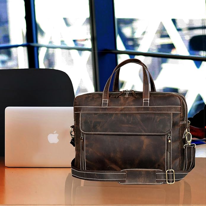 HLC 18 Inch Full Grain Leather Briefcase messenger shoulder bags for men and women
