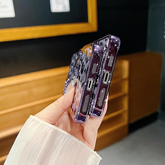 for iPhone 11 Pro Case Magnetic,Soft Cute Luxury Leopard Cheetah Pattern Plating Glitter Bling Phone Case Compatible with MagSafe Clear Shockproof Back Cover for Women Girl 5.8"-Purple