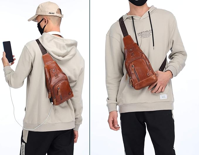 BULLCAPTAIN Genuine Leather Mens Sling Bag Multipurpose Travel Crossbody Chest Bag Daypacks with USB Charging Port (Brown)