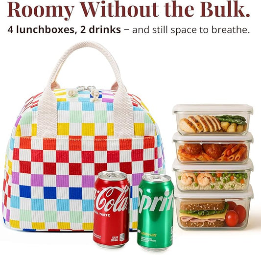 Insulated Lunch Bag for Women Men, Stylish Corduroy Tote Bag with Aluminum Lining, Large Capacity Reusable Cooler for Work, Travel, or Beach, Rainbow Plaid Lunch Box