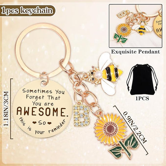 Inspirational Gifts for Women, Friendship Keychain with Sunflower, Initial Bee Accessories Motivational Keyring Present
