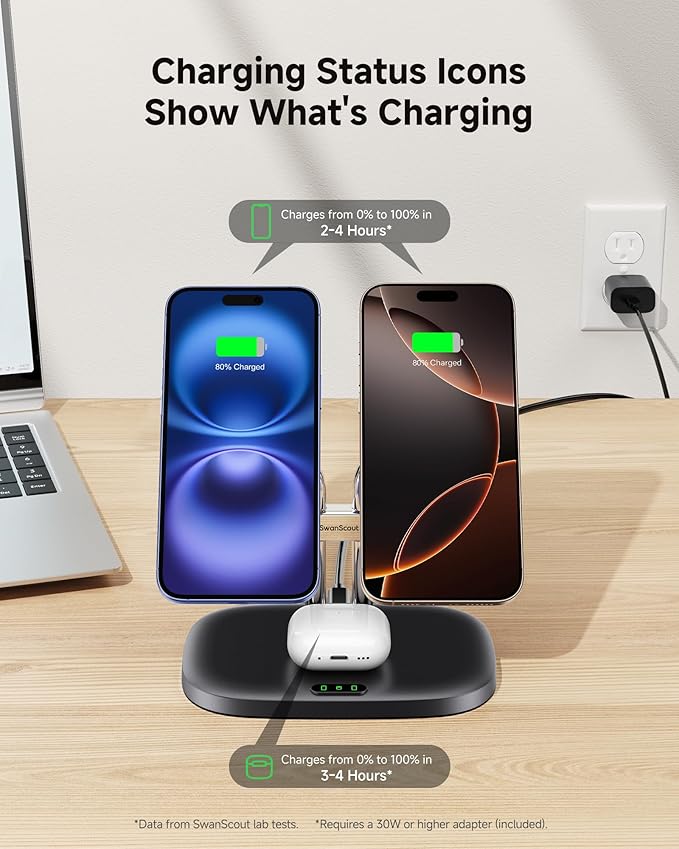 Wireless Charger for iPhone Air/17, SwanScout 706M, Dual Magnetic Charger for iPhone 16/15/14/13/12 Series, Charging Station for AirPods Pro 3/2, AirPods 4/3rd (Black)