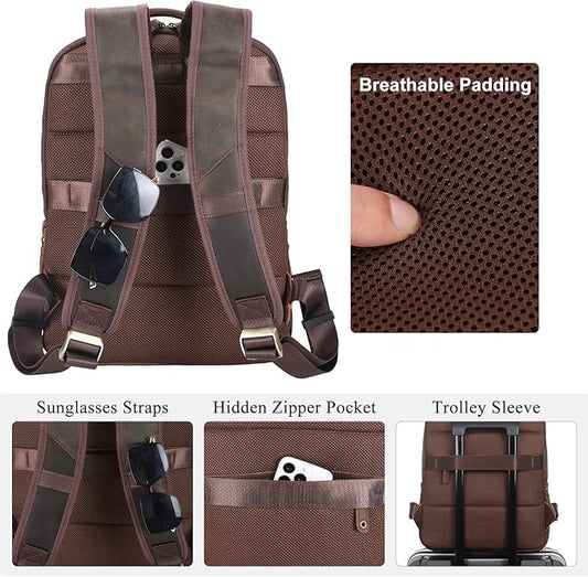 TIDING Men's Full Grain Leather Backpack Fits 16" Laptop, Vintage Business Casual Daypack 19L Overnight Travel Rucksack