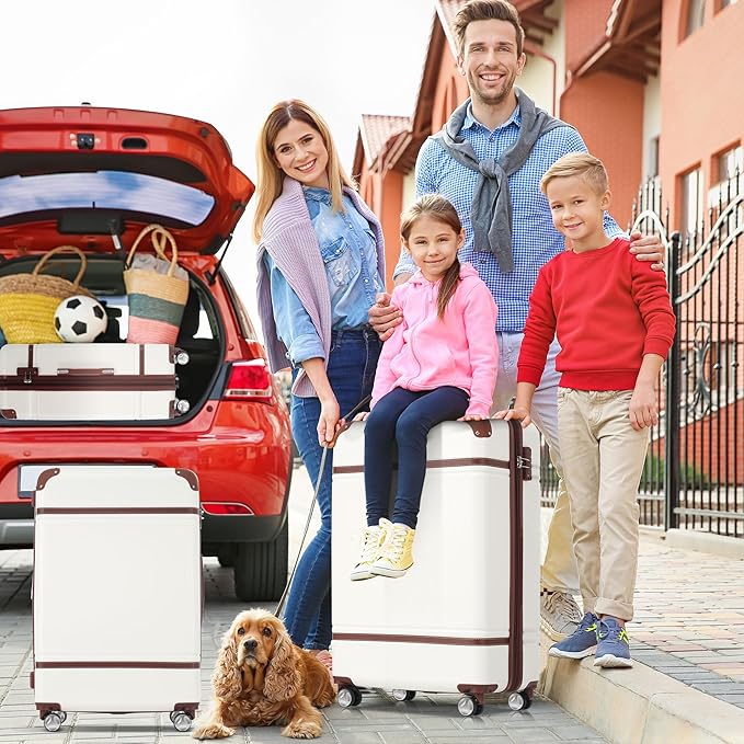 Merax Luggage Set 3 Piece Suitcase Set with Cosmetic Case Expandable Spinner Wheels Vintage Luggage Sets(White,20"+24"+28")