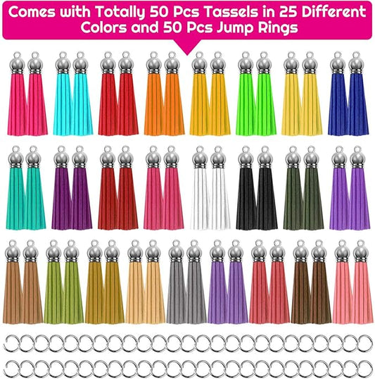 Paxcoo Tassels for Jewelry Making, 50pcs Leather Tassel Keychain Charms Bulk with 50pcs Jump Rings for Jewelry Making, Bracelets, Acrylic Key Chain Blanks and Craft Supplies