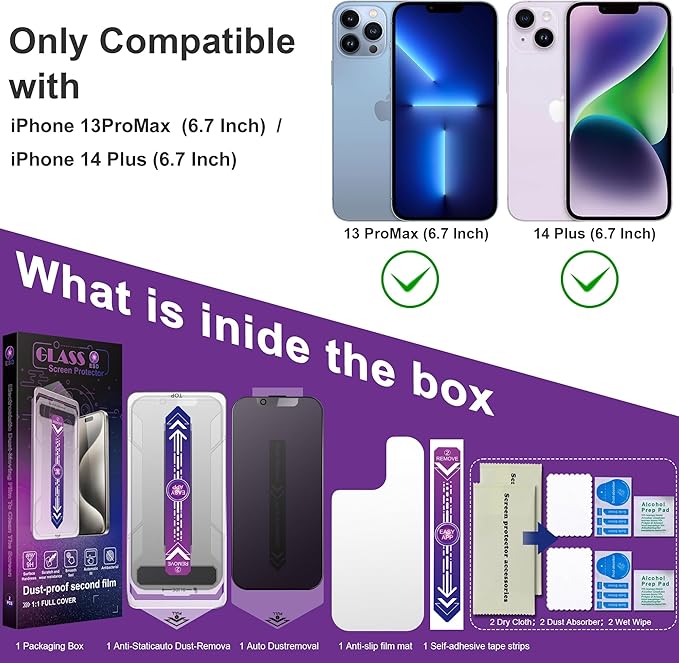 2 Pack Matte Privacy Screen Protector for iPhone 13 Pro Max/iPhone 14 Plus, 9H Tempered Glass, Full Coverage, Anti-Fingerprint, Auto Dust-Elimination, No Bubble, Easy Installation