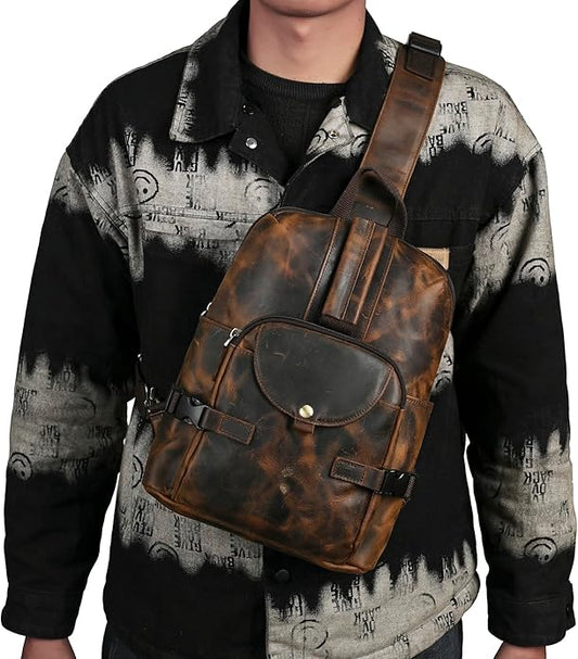 Thick Crazy horse Leather Triangle Crossbody Sling Chest Bag Travel One Shoulder Bag Daypack For Men Male 3028