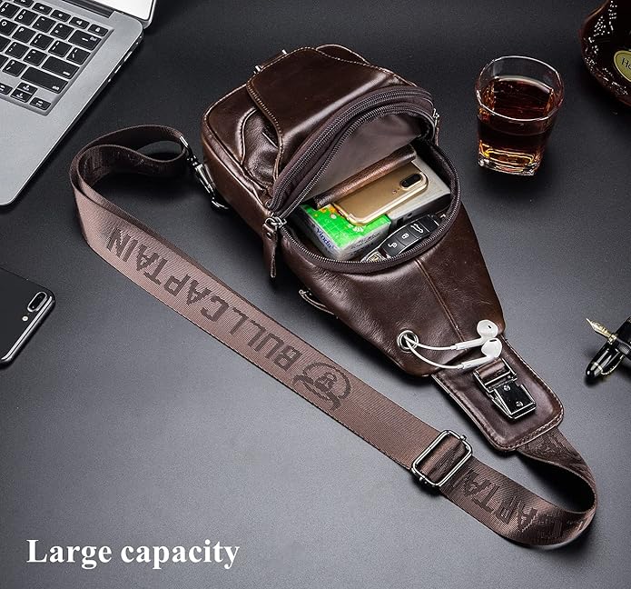BULLCAPTAIN Genuine Leather Men Sling Backpack Multi Pocket Crossbody Chest Bags Travel Hiking Daypack