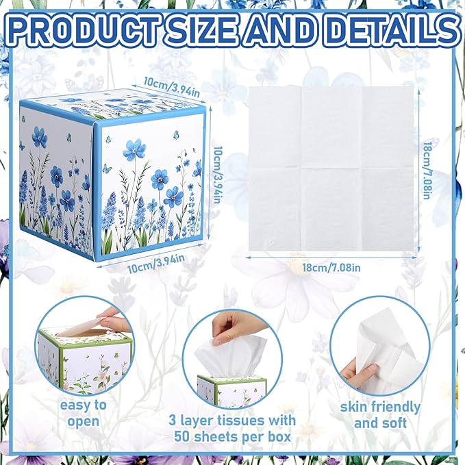 12 Pack Summer Floral Facial Tissues Cube Boxes 600 Sheets 3 Ply Small Square Wildflowers Face Tissues Bulk for Summer Car Bedroom Supplies