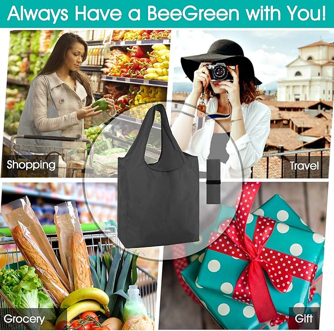 BeeGreen 20 Pack Black Reusable Grocery Bags with Storage Pouch Reusable Shopping Bags Bulk w Elastic Band 50LBS X-Large Foldable Tote Bags Machine Washable-Heavy Duty Cloth Tote Bags for Groceries