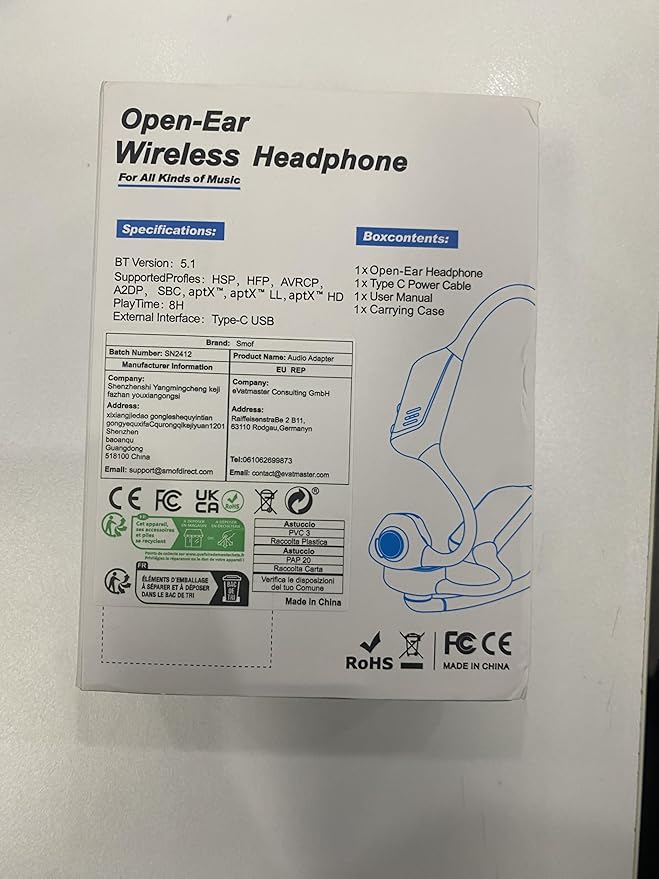 Smof Open-Ear Headphones with Mic, Bluetooth Headphones with Microphone Bluetooth 5.1 Wireless Headset with Noise-Canceling Mic and Mute Function for Online Meeting Driving-Not Bone Conduction