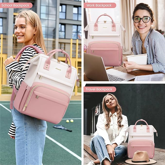 LOVEVOOK Leather Backpack for Women,17 inch Leather Laptop Backpack Women,Professional Work Backpack Nurse College Teacher Bag,Womens Laptop Tote Bag Computer Travel Backpack Purse,Beige White-Pink