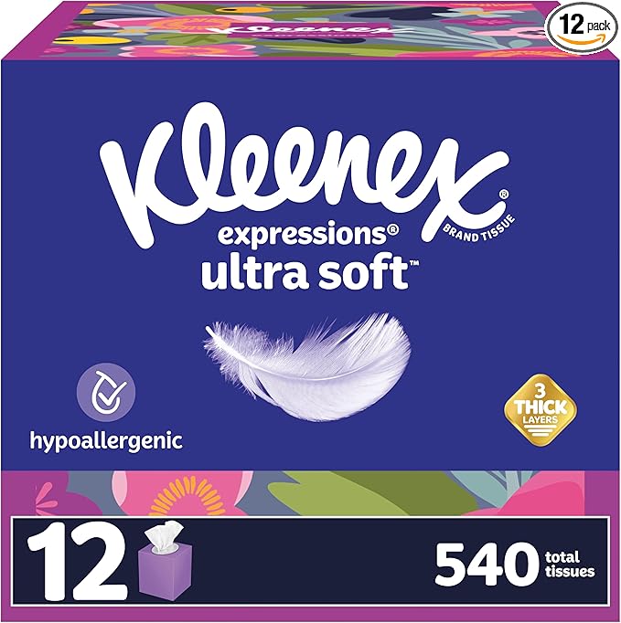 Kleenex Expressions Ultra Soft Facial Tissues, 12 Cube Boxes, 45 Tissues per Box, 3-Ply (540 Total Tissues), Packaging May Vary
